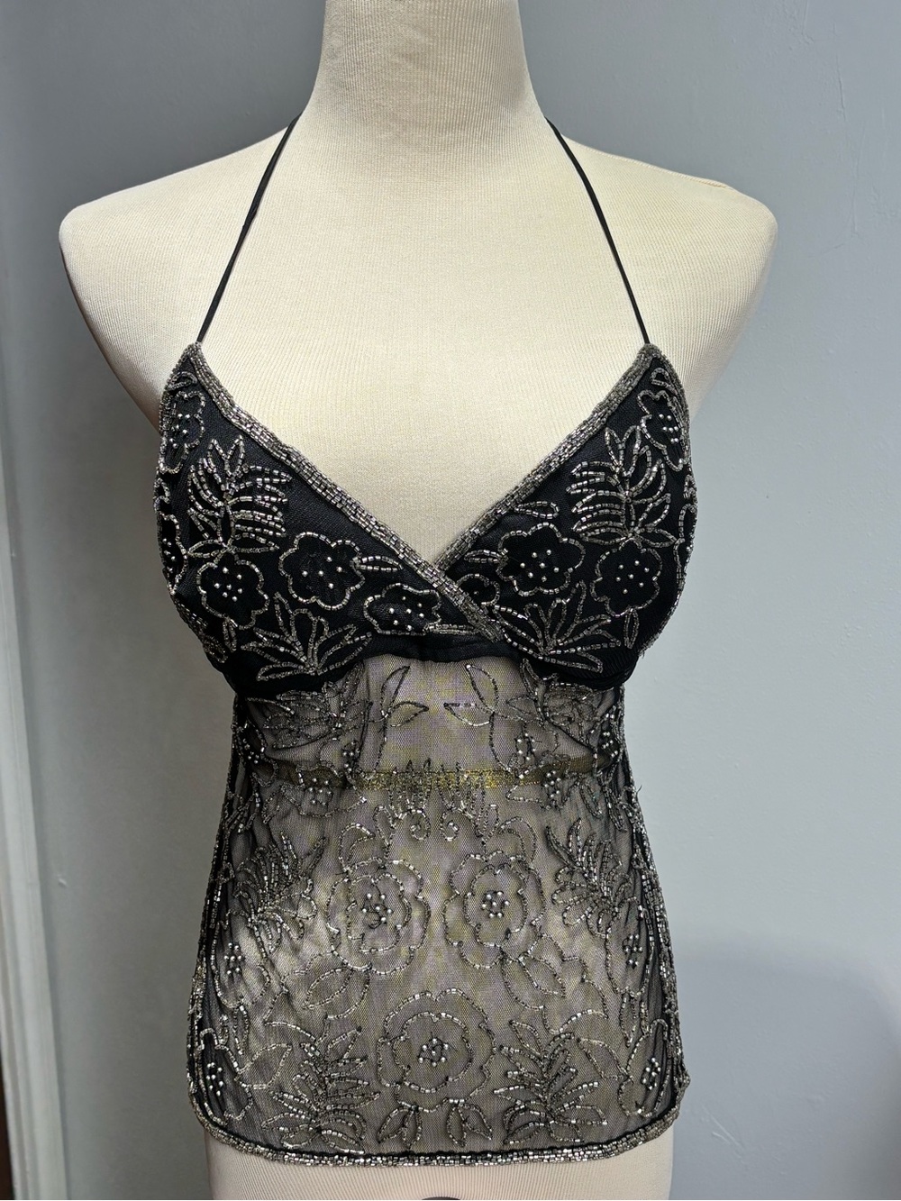 Vintage Y2k Lipstick Beaded Shear Front/Backless Halter Top (L)
